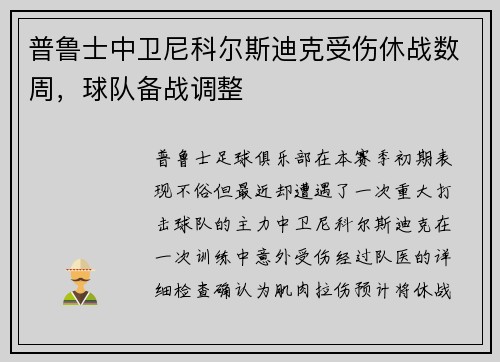 普鲁士中卫尼科尔斯迪克受伤休战数周，球队备战调整